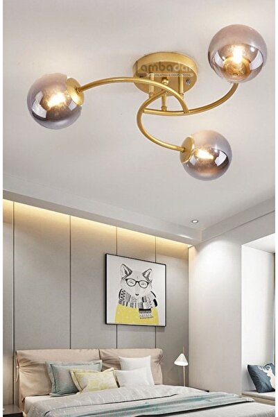 Lambadar Luxury Model Plafonyer Üçlü Gold Modern Füme Camlı Avize