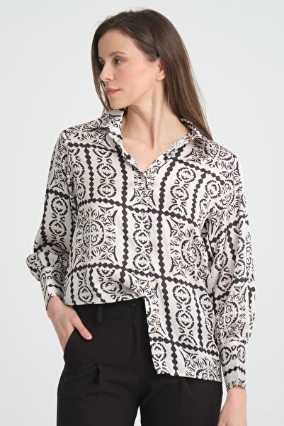 MD trend Kadın Etnik Desenli Balon Kollu Büzgü Detaylı Oversize Saten Gömlek