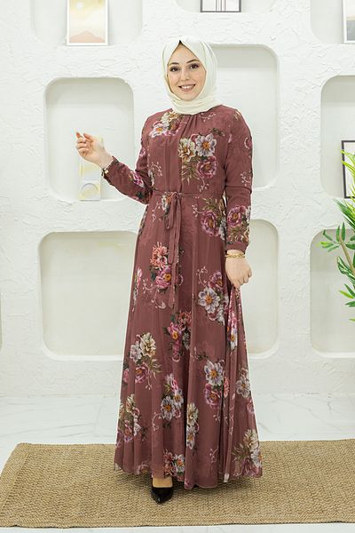 Mec Fashion Dried Rose Flower Patterned Hijab Dress