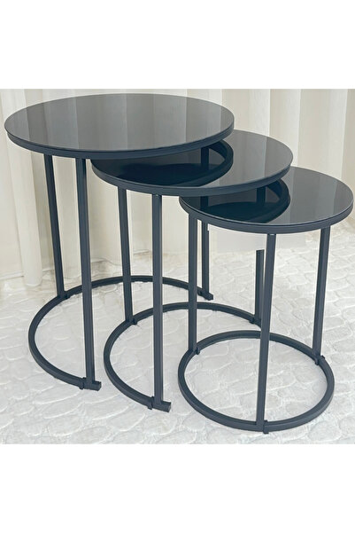 ED Efelez Design Zigon Sehpa , Paris 3'lü Camlı C Zigon Sehpa Takımı , Siyah Metal - Siyah Cam