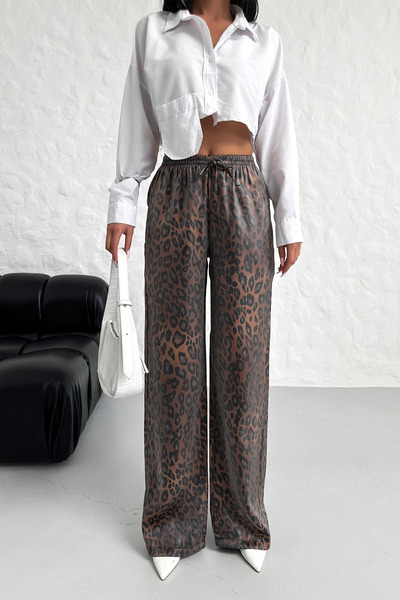 LACHT Kadın Leopar Desen Parlak Palazzo Beli Lastikli Pantolon