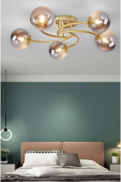 Lambadar Luxury Model Plafonyer Beşli Gold Modern Füme Camlı Avize