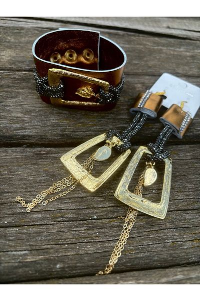 AGG TASARIM Gold Leather Bracelet and Earring Set - Design