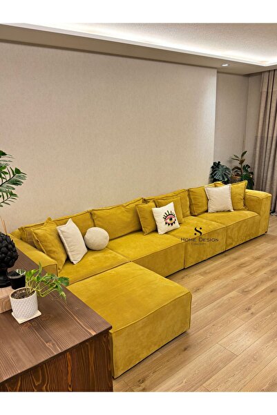 S Home Design Concept Frida 5 Modül Sırt Minderli Pofidik Modüler Kanepe L Köşe Koltuk Takımı, Fitilli Kadife