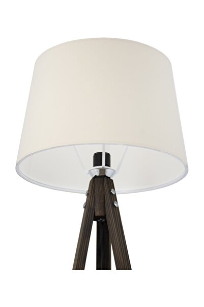 Lambadar Rustik Ahşap 3 Ayak Koyu Kahverengi Tripod Lambader Krem Konik Şapka