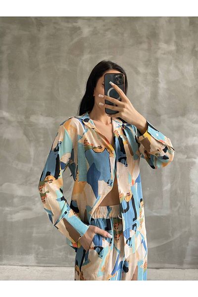 bymaestro woman Patterned Printed Women's Shirt and Trousers Set