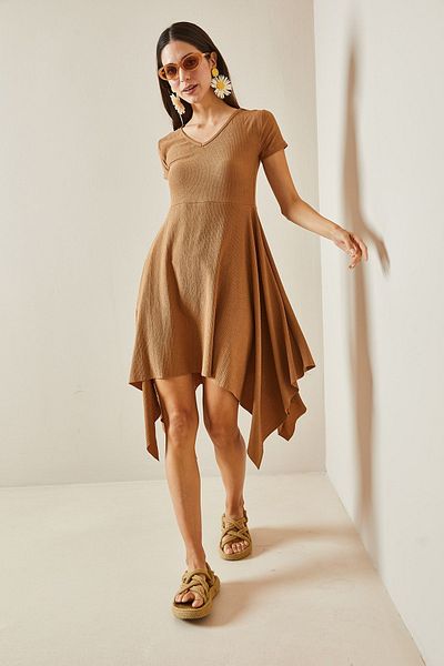 XHAN Asymmetrical V-Neck Mink Midi Knitted Dress - 5YXK6-48529-29