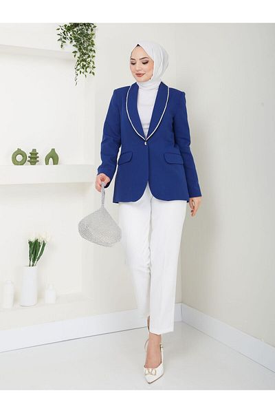 MODAMERSİ Jachetă Hijab Bleumarin - Guler cu Detaliu Piatră