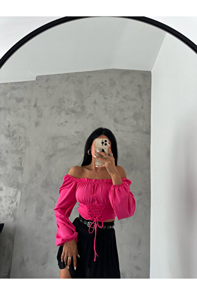 QUTTA Dámský fuchsiový balonový rukáv se zavazováním korzet vzhled Madonna Collar Diver Látková halenka