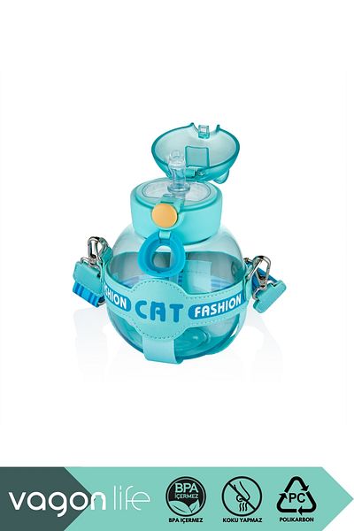 Vagonlife 720ml Cute Cat - Polycarbonate Children's Water Bottle with Silicone Straw, Case and Strap