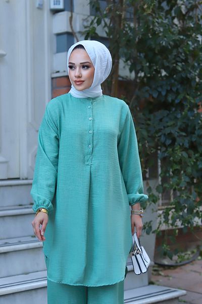 Sfg Life Moda Linen Moon Surface Long Double Pants Set - Hijab Sleeve and Cuff Collar