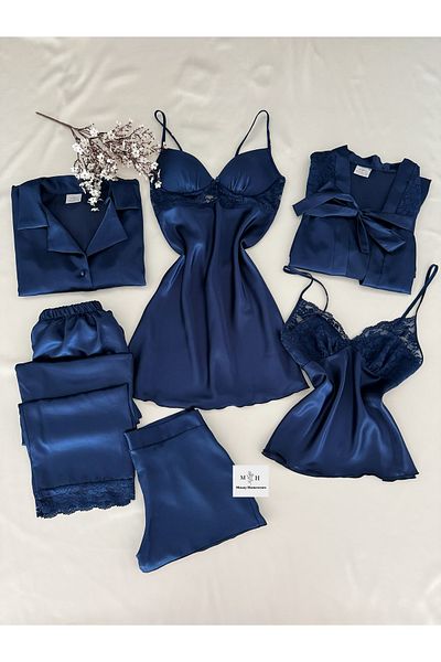 MH Moony Homewears Тъмносиня нощница и пеньоар от 6 части Crump Covered Комплект спално облекло