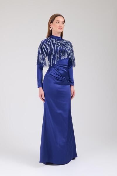 SpringStore Rochie de seară hijab din satin - bleumarin cu mantie