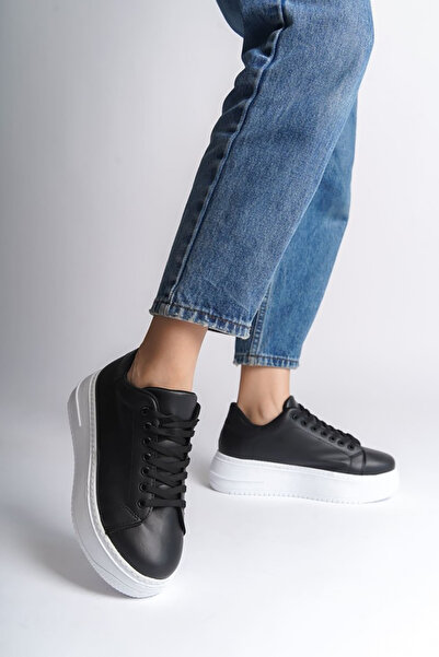 Rainon Store RDSBİANA Black Orthopedic Leather Women's Sports Shoes - Lace-up Sole