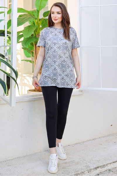 Bestenur Ethnic Patterned Gray Short Sleeve Tunic 870