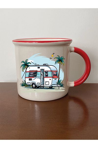 lili hediyelik Red Ceramic Tea and Coffee Cup - Gift for Lover, Mug with Caravan and Spout