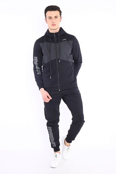 NEED LİFE Men's Black Slim Fit Fit Hooded Printed Woven Detailed Tracksuit Set