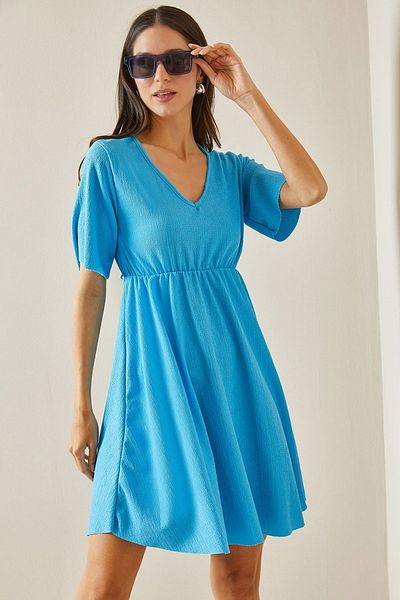 XHAN V-Neck Baby Blue Textured Dress - 5YXK6-48558-55
