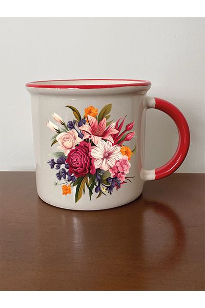 lili hediyelik Red Flower Patterned Spout Cup - Gift for Lover, Ceramic Tea and Coffee Cup