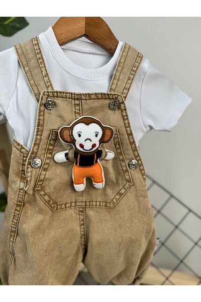 Minizade Monkey Toy and Denim Salopet Double Set for Baby