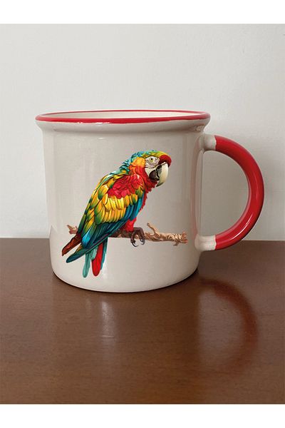 lili hediyelik Red Ceramic Tea and Coffee Cup - With Parrot and Mouth, Gift for Lover
