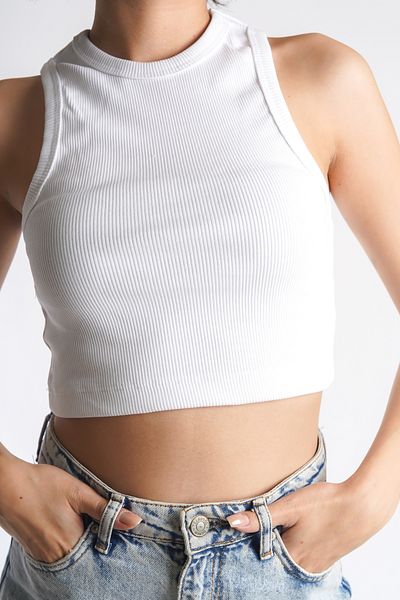 Moda Değirmeni Tricou crop pentru femei, alb, cu nervuri, cu gât cu șalter BG1192-314-0001
