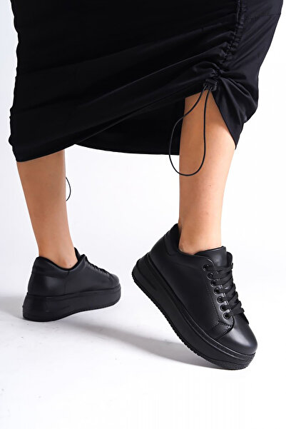 Rainon Store RDSBİANA Black Orthopedic Leather Women's Sports Shoes - Lace-up Sole