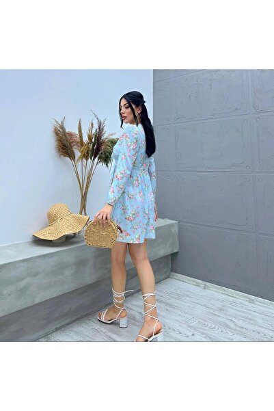 SHİROSA Önden Göğüs Bağlamalı Yarım Kol Mavi-Sarı Kadın Elbise