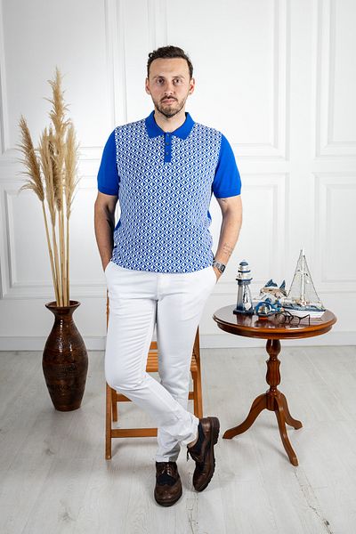 Sarar Saks Blue Polo Neck Slim Knit T-Shirt - 100% βαμβακερό σχέδιο
