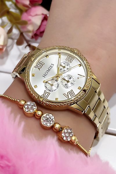 Homies Gold Colored 3 Atm Waterproof Women's Wristwatch - Wlg50 with Steel Cord and Bracelet Gift