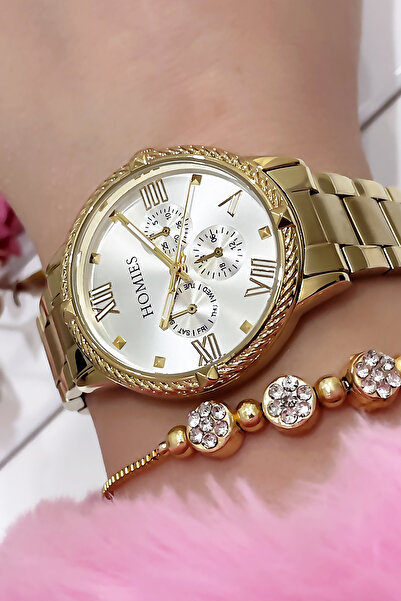 Homies Kadın Kol Saati 3 Atm Su Geçirmez Gold Renk Çelik Kordon + Bileklik Hediyeli Wlg50