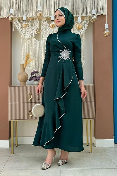 Bym Fashion Φόρεμα Emerald Ruffle Look Πέτρινο Κεντητό Φόρεμα
