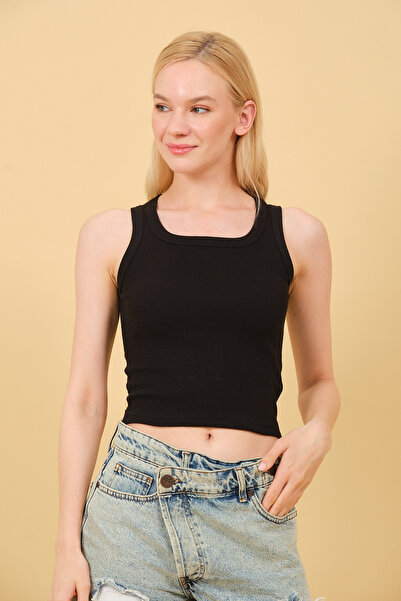 modazoom Kadın Askılı Düz Yaka Crop Bluz
