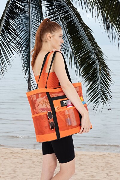 ELEPHANT ÇANTA Διχτυωτή τσάντα παραλίας με τσέπες-πορτοκαλί, ανθεκτική, γρήγορο στέγνωμα, μεγάλο εσωτερικό όγκο, ελαφριά, πτυσσόμενη τσάντα