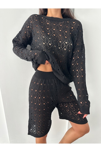 KENZA'A TRİKO Set bluză și pantaloni scurți ajurat pentru femei