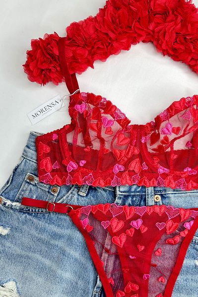Morensa Red Mini Heart Patterned Underwire Bra and Lingerie Set