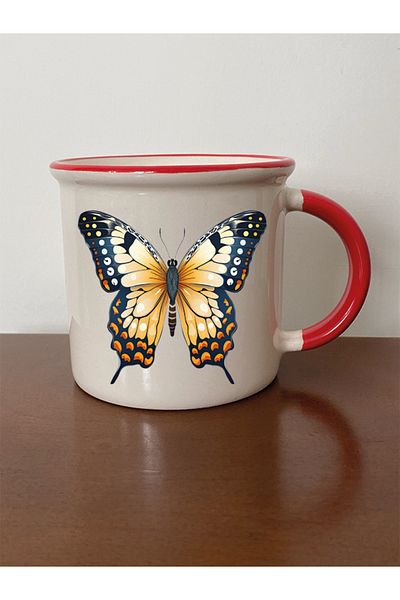 lili hediyelik Red Butterfly Patterned Mouth Mug - Ceramic Tea and Coffee Gift