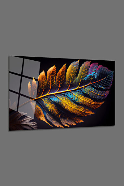 BV DEKOR Πολύχρωμο Διακοσμητικό Οριζόντιο Γυάλινο Πίνακα Ζωγραφικής με Φύλλα-...