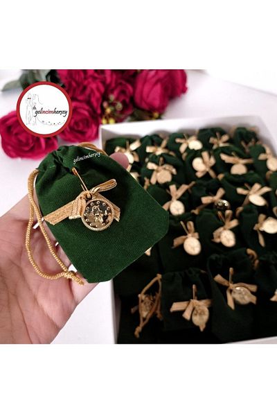 Gelincimherşey 50 Pieces Green Suede Stringed Quarter Sequin Decorated Pouch Gift Henna