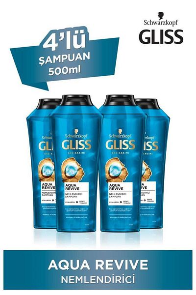 Gliss Aqua Revive - 500 ml x 4 Pieces Moisturizing Shampoo with Hyaluron and Seaweed