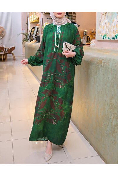 Lavanta Tekstil Hijab Dress - Ethnic Figure Pattern and Tassel Detail