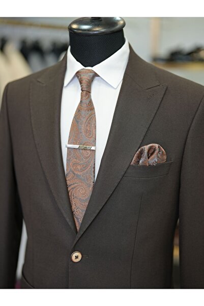 LONATOLİA Luxury Yarım Astarlı Punto Dikişli Torba Cepli Erkek Slim Fit Italyan Stil Takım Elbise ~ Kahve