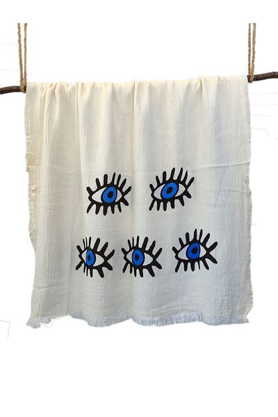 Peştanoz Muslin Peshtemal, Blue Eye Printed Pattern, Φυσικό 100% Βαμβάκι 100x180, Πετσέτα θαλάσσης, Πετσέτα μπάνιου