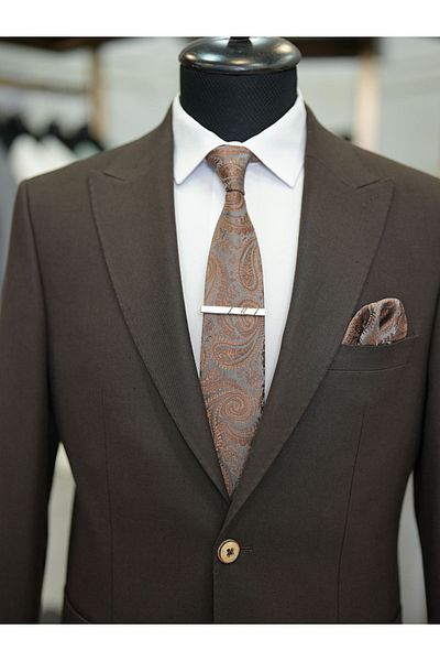 LONATOLİA Men's Slim Fit Italian Style Suit - Luxury Half Lined, Point Stitching, Bag Pocket, Brown ~
