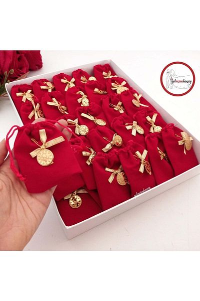Gelincimherşey 50 Pieces Red Suede String Quarter Sequin Decorated Pouch Gift Henna