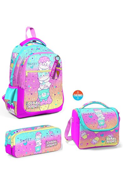 Coral High Kids Renkli Dondurmalı Kedi Desenli Üç Bölmeli 3'LÜ SET çanta