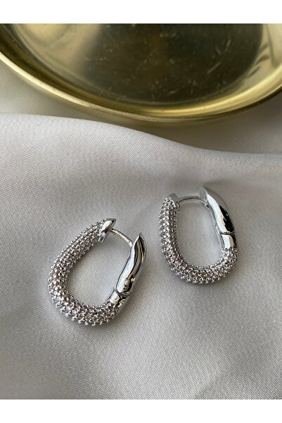 Pinery Jewels Vıp Seri - Sıralı Zirkon Taşlı Oval Pirinç Kaplama Küpe Çifti