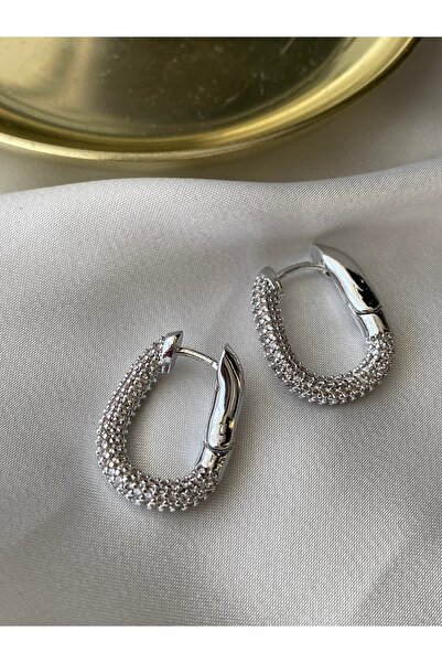 Pinery Jewels Vıp Seri - Sıralı Zirkon Taşlı Oval Pirinç Kaplama Küpe Çifti