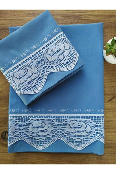 Çeyiz Bahçesi Dantelli Pikolu Çeyizlik Mavi 2'li Yastık Kılıfı 50&70