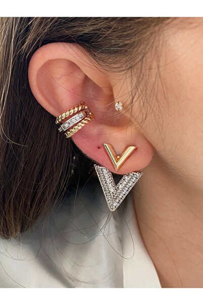 Pinery Jewels VIP SERİ - Zirkon Taşlı V Altın Kaplama Küpe Çifti